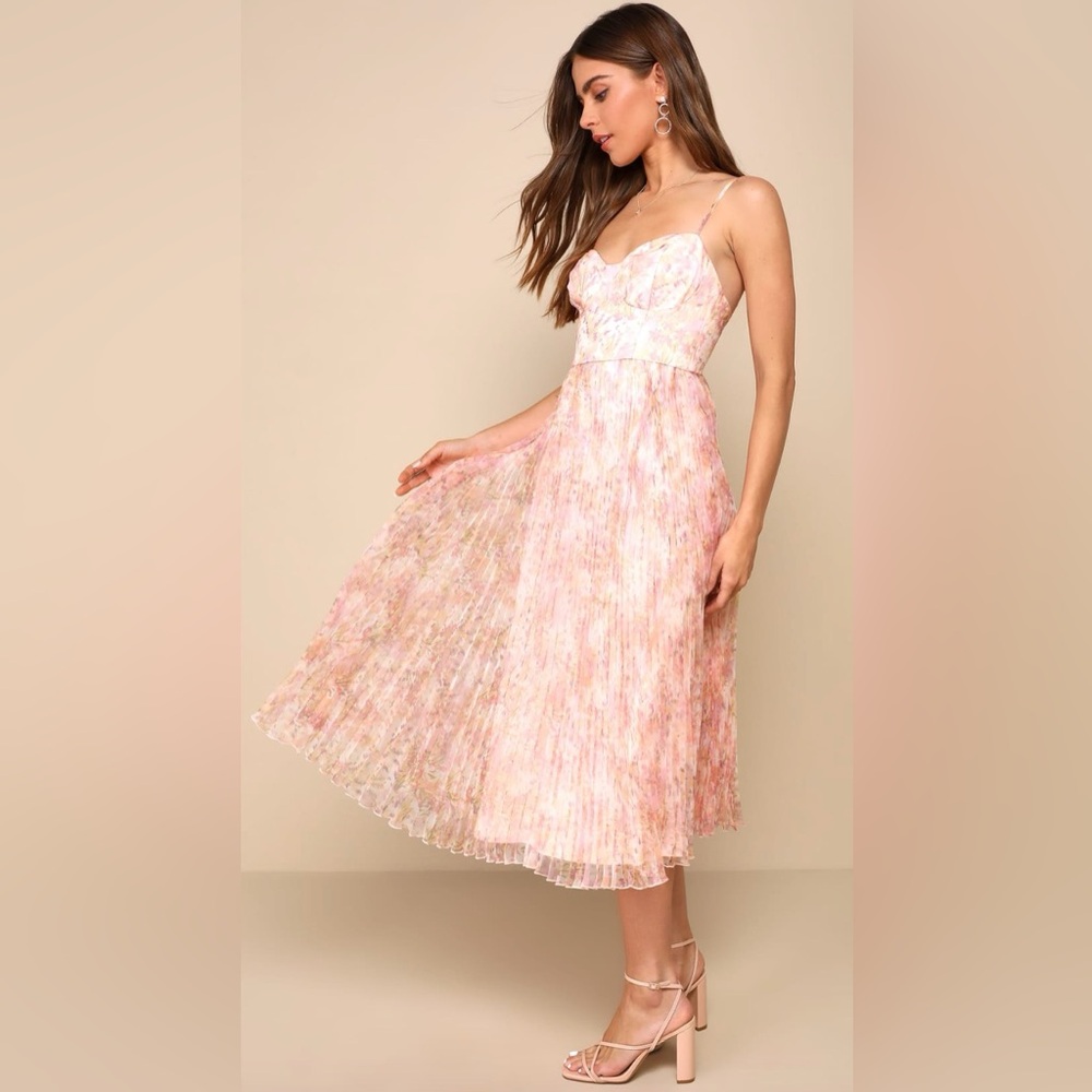 NWT Finest Endeavor Blush Pink Floral Dress Pleated Bustier Midi Dress